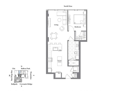 Floor plan for 1 bed, 1 bath, 815 sqft